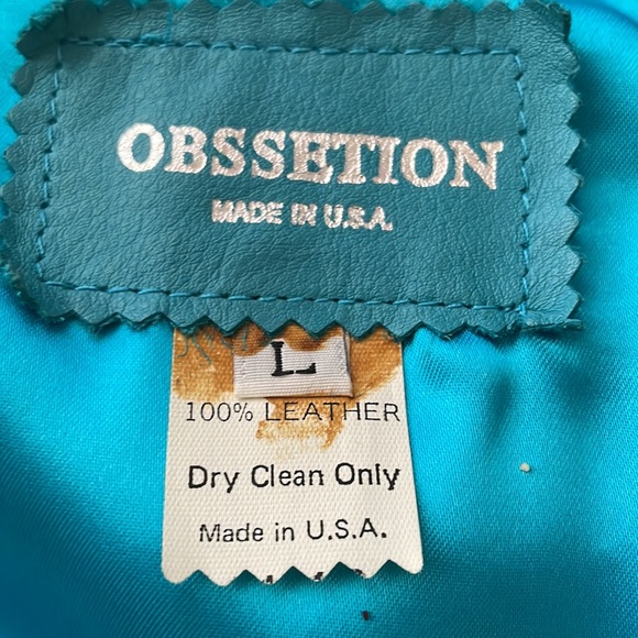 Vintage Leather Turquoise size Large jacket 2 pockets Belted, perfect condition - Picture 6 of 6